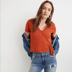 Madewell Texture & Thread Wrap-Tie Short Sleeve Cropped Orange Top Size Medium